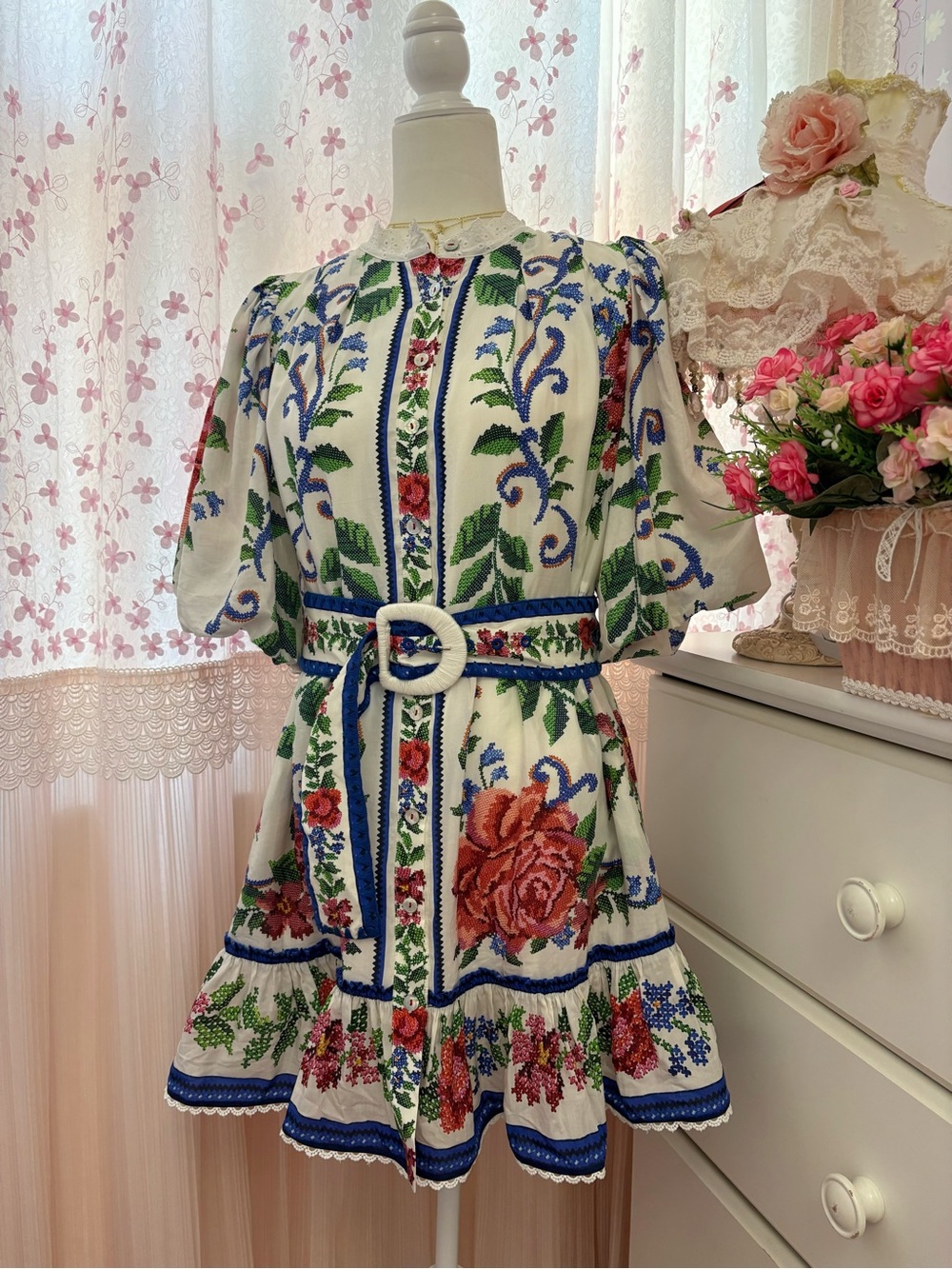 Farm Rio Oft-White Flower Tapestry Mini Dress - Picture 2 of 5